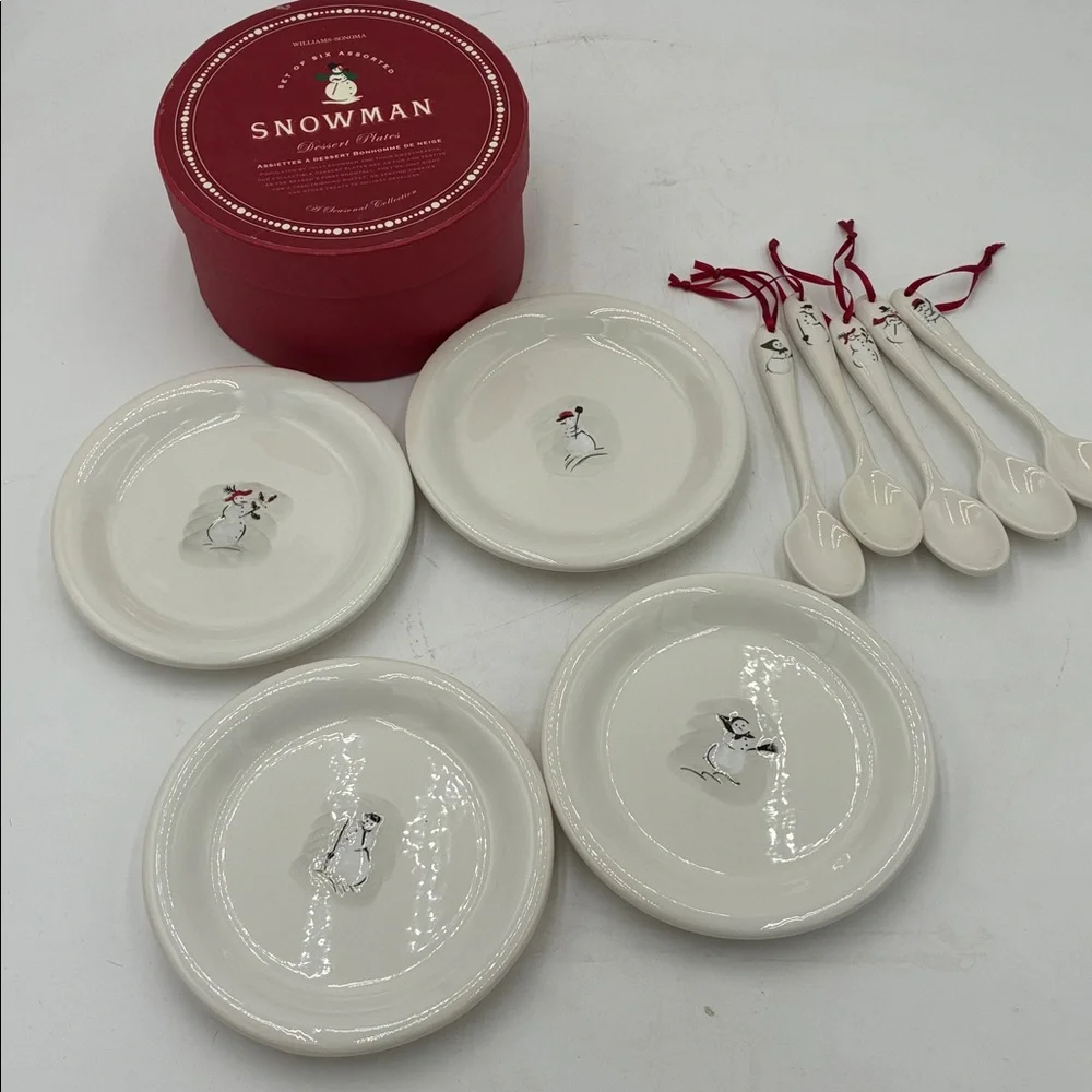 Williams Sonoma Ceramic Snowman Set - set of 5 spoons and 4 plates